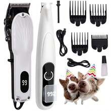 1 套 2 件装宠物电动剪毛器带 LED 显示屏可充电，低噪音宠物电动修剪器美容套装适用于狗和猫，专业宠物美容剪电动毛发剪套装