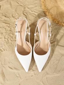 On feet& in love 2025秋冬女装时尚优雅尖头单扣露跟细高跟鞋，百搭连衣裙、婚礼服饰，优雅猫跟鞋 - 白色 - 查看 7