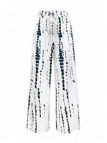Women Casual Loose Flower Print Long Pants, Spring & Summer Vacation High Waisted Bathing Suit - White - View 2
