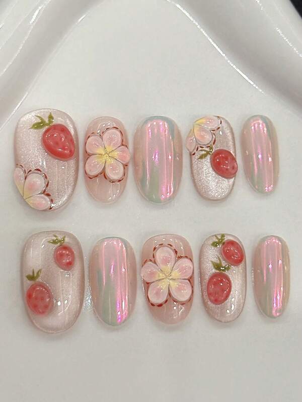 10 piezas de uñas postizas de estilo coreano, diseño 3D de fresas rosas pintadas a mano, con pequeñas flores, adecuadas para niñas y mujeres, ideal para fiestas, eventos y citas de moda