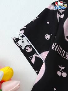 SANRIO [Homely Gents] Conjunto de 2 piezas de top con bolsillo y manga corta con cuello, y shorts con lazo para mujer, adecuado para uso en casa, primavera/verano - Negro - Ver 6