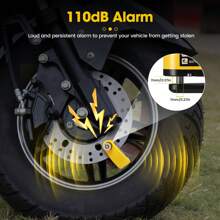 Gelbe Alarm Disc Lock Wiederaufladbare Motorrad Scheibenbremse Lock Alarm 110dB mit 1.5m Erinnerungskabel Verstärktes wasserdichtes High Security Scheibenbremsschloss für Motorrad, Fahrrad, Roller, E-Bike