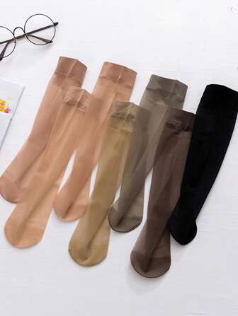 5 双女式超薄夏季透气圆领丝袜，防钩钢丝网中筒袜，秋季