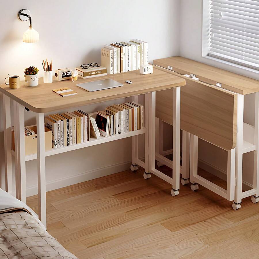 Scandinavian Style Folding Desk, PC Desk, Width 80/100cm, Wooden, Natural Wood Look, With Storage Shelf, Remote Work/Study Desk, Easy Assembly, Space Saving