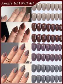 96Pcs/Box (4Mixed ) Short Oval Brown Colors Tip Press On Nails Short Acrylic Nail Tips Full Cover False Nail ,Contain 1Pc Jelly Glue And 1Pc Nail File,With Storage Box As For Suitable For Women And Girls Daily Life And Party Use Nail Supplies Nails