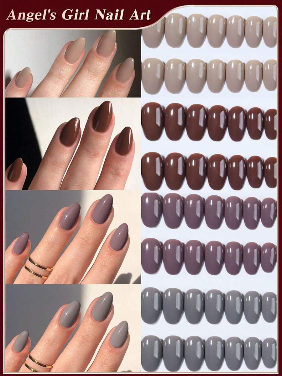 96Pcs/Box (4Mixed ) Short Oval Brown Colors Tip Press On Nails Short Acrylic Nail Tips Full Cover False Nail ,Contain 1Pc Jelly Glue And 1Pc Nail File,With Storage Box As For Suitable For Women And Girls Daily Life And Party Use Nail Supplies Nails