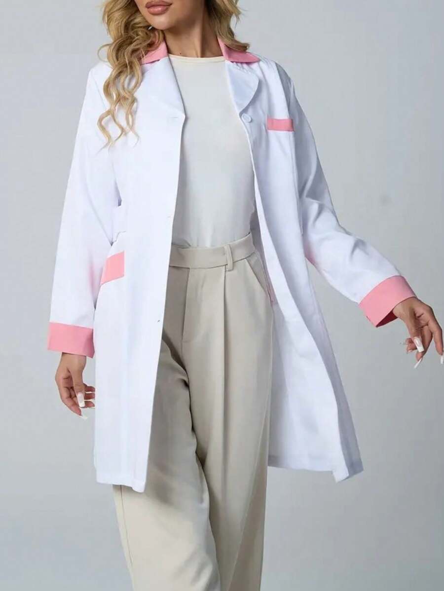 Women Contrast Trim Button Front Lab Coat With Long Sleeves