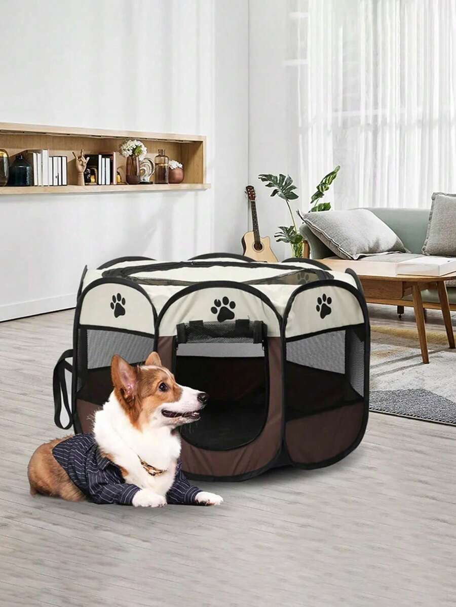 Casa Corral Para Mascotas Perros Sencillas Plegable Portátil Multifuncional - Marrón - Ver 1