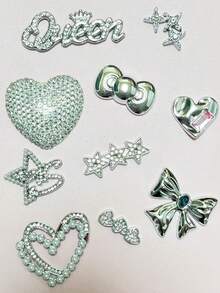10Pcs/Set Y2K Silvery Artificial Diamond Heart "Queen" Series Letter Star Bowknot Luxury Rhinestone Heart Hollow Pearl Metal Star Flatback Resin Junk Phone Case Ipadcase Charms Decorations 3D Handcraft Accessories Diy Crafts Handmade Hair Clip Charms ﻿ - Nhiều màu - Xem 3