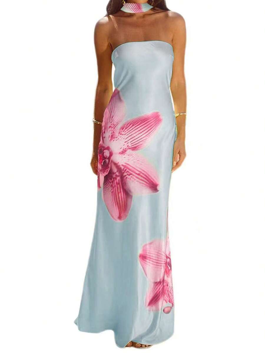 Womens Floral Strapless Dress With Scarf Y2k Backless Sleeveless Tube Maxi Long Dresses Sexy Mesh Bodycon Summer Beachwear - F;oral Blue - 查看 1