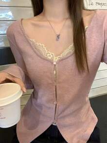 2025 新款性感蕾丝二合一 V 领长袖 T 恤，褶皱腰分层女式衬衫上衣 - 粉 - 查看 4