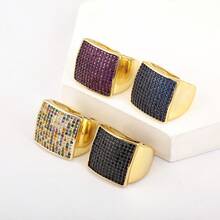 1 pièce Bague simple à large visage mignonne en alliage de cuivre plaqué or 18 carats avec zircone colorée, bijou de luxe pour femme, convient pour la fête, le rendez-vous, les vacances, les cadeaux - anneau ouvert - Voir 2