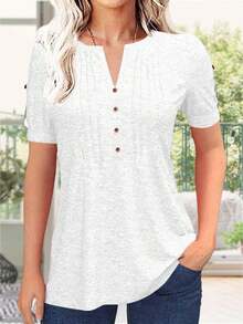 Women's Zipper Summer Pleated Button Short Sleeve T-Shirt Summer V-Neck Solid Color Casual Top - 白色 - 查看 1