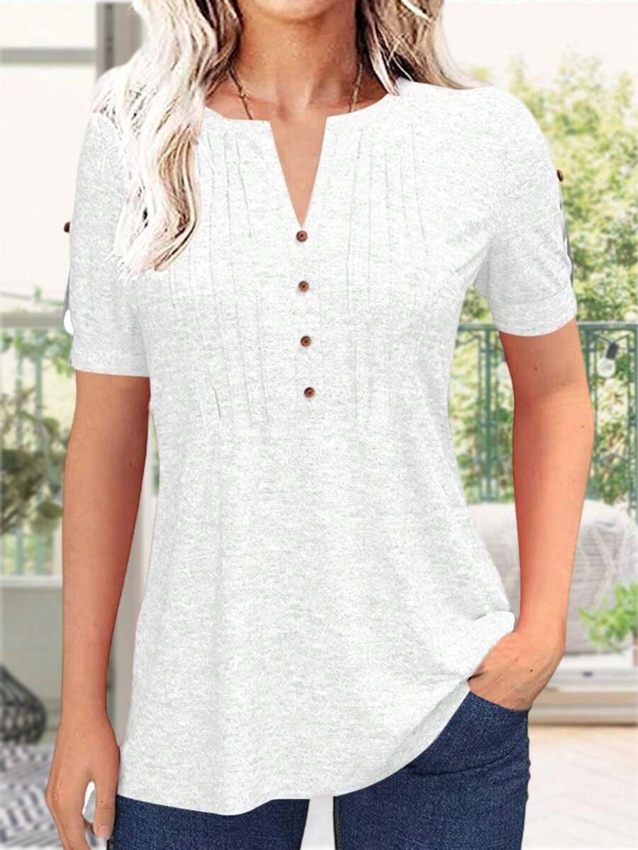 Women's Zipper Summer Pleated Button Short Sleeve T-Shirt Summer V-Neck Solid Color Casual Top - 白色 - 查看 1