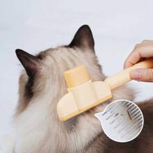 1pc Self-Cleaning Cat Brush - Stainless Steel Dual Length Flea Comb & Deshedding Tool With One-Click Release Button, Rust-Resistant Light Beige, Removes Loose Hair & Prevents Shedding, Ergonomic Handle Design, Medical-Grade Stainless Steel Material