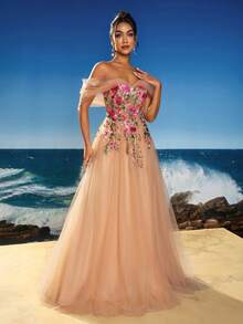 Anymoon Women's High Waist Long Evening Dress With Ruffle Detail On Chest, Formal, Party Dress, Gown, For Wedding Guest - Apricot - View 8