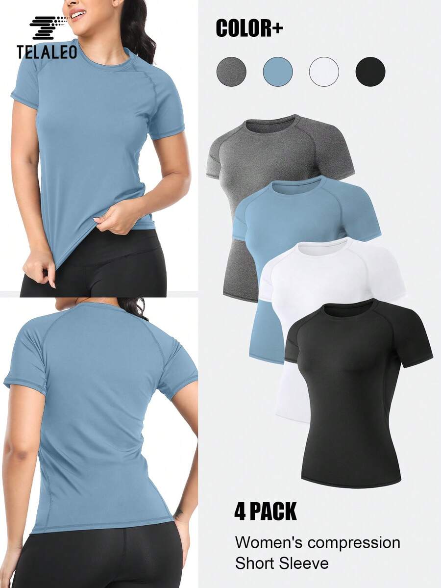 TELALEO 4 Packs Women's Compression Shirt Running Athletic T-Shirts Workout Tops Baselayer Short Sleeve Yoga Gym Sports Gear - Multicolor - View 1