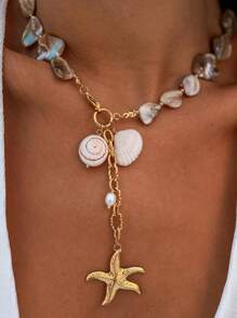1pc Fashionable Asymmetrical Natural Shell Stainless Steel Starfish Pendant Necklace For Women