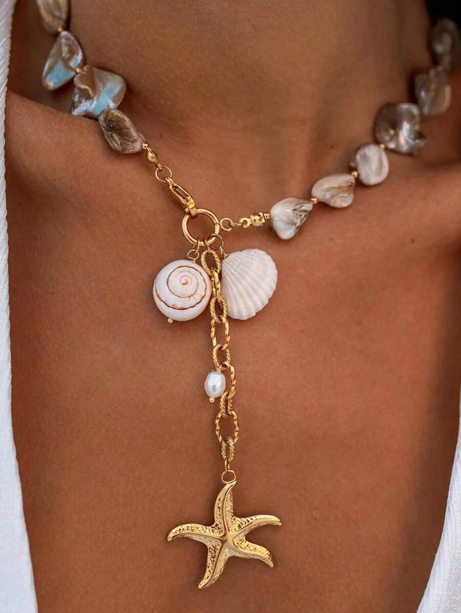 1pc Fashionable Asymmetrical Natural Shell Stainless Steel Starfish Pendant Necklace For Women