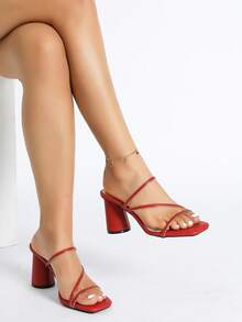 Women's Minimalist Square Toe Chunky Heel Strap Open Toe High Heel Sandals, New Summer Versatile Sexy Backless Holiday Party Formal Heels - Burgundy - View 3