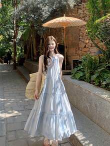 夏季蓝色扎染露背系腰修身连衣裙 - 藍色 - 查看 4