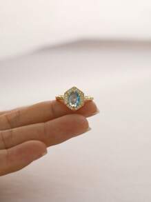 Flyleaf 1 Piece Vintage S925 Sterling Silver 14K Gold Color Geometry Blue Artificial Topaz Open Ring For Women Party Banquet Engagement Fine Jewelry