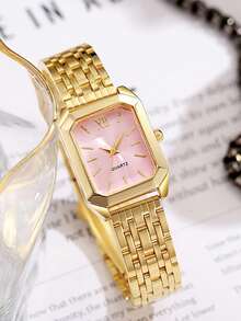 1pc Minimalist Elegant Mixed Bar Scale Square Dial Non-Waterproof Steel Band Quartz Watch, Suitable For Birthday Gift, Back To School Gift, Summer Vacation, Halloween Gift, Year-End Promotion, Singles Day - Gold - View 6