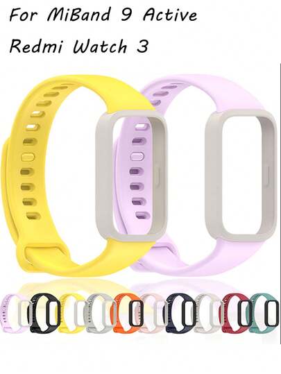 1 件 2 合 1 运动橡胶带 +PC 外壳组合兼容小米 Mi Band 9 Active/Redmi Watch 3，运动橡胶表带可调节腰带腕带手链 PC 外壳保护套兼容小米 Band 9 Active/Redmi Band 3 快速释放设计健身配件智能手表，女士男士