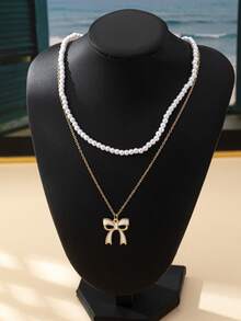 2pcs Simple Elegant Chain & Bowknot Pendant Necklace - Yellow Gold - View 4