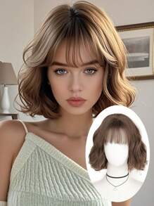 12-Inch Women's Bob Wig With Bangs - Natural Looking Adjustable Cap, Brown Short Heat-Resistant Fiber Hair For Daily Use/Cosplay/Party