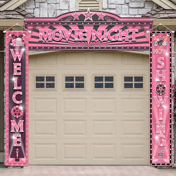3 Pieces Pink Movie Night Porch Sign Banner LED Movie Theme Party Decorations Theater Welcome Now Showing Lights Camera Action Hanging Porch Sign For Home Film Backdrop Party Supplies