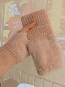 1 par de nuevos guantes sin dedos de media mano de felpa de visón para mujer, de unicolor, suaves y cálidos para el invierno