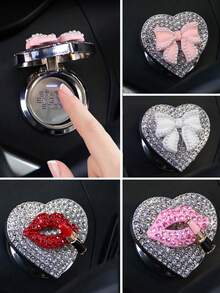 1pc Car One Key Start Protection Cover Sticker With Diamond Studded Heart-Shaped Metal Ignition Switch Button Decoration Ring - one-size - View 11