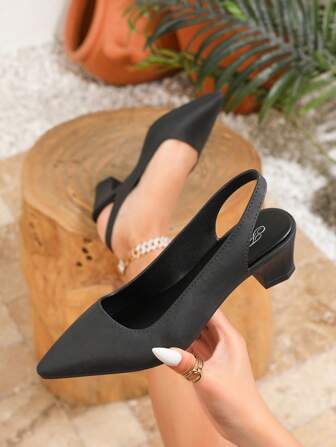 女士尖头高跟鞋，休闲粗跟春夏户外优雅正装鞋，黑色