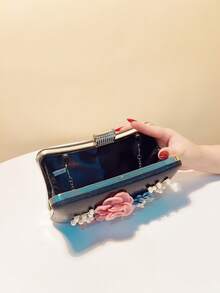 Valentine's Day Gift Love Holiday Date Ramadan Wedding Girlfriend Gift Lady Flower Evening Bags Pink Color Women Small Clutch Purse With Chain Shoulder Flap Design Diamonds Beading Box - Black - View 4