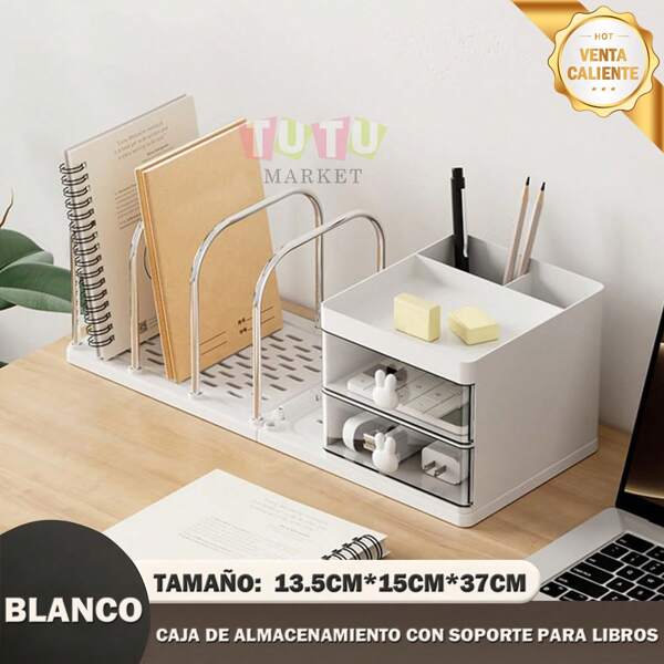 Organizador de escritorio con sujetalibros, estantería de escritorio, estantería de almacenamiento simple, estantería multifuncional de plástico y acero, organizador de sujetalibros de plástico y acero, estantería de escritorio, organizador de accesorios de escritorio multifuncional, organizador de escritorio con 2 cajones, 3 compartimentos superiores y 4 sujetalibros, suministros de almacenamiento, suministros de arte, suministros de oficina, suministros escolares, resistente y duradero con asa de conejo, con caja de almacenamiento extraíble para libros, papelería, adecuado para el hogar, la oficina y la escuela (blanco) Volver a la escuela