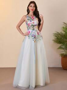 Robes de soirée élégantes Femmes Robes de mariée Fleurs Tulle Robes de soirée de style A pour occasions spéciales Fleurs brodées