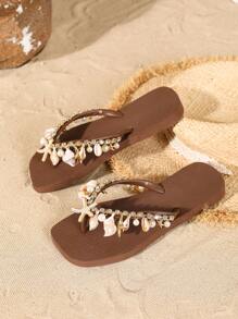 Handgemachte Naturmuschel- & Seestern-Strass-Dekorationskette, Damen Sommer Strand Slipper mit weicher Sohle und rutschfest, Originaldesign Strandmode Sandalen mit abnehmbarer Dekorationskette
