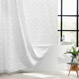 1 stuk Boho wit geweven stoffen douchegordijn met kwastjes, 72"x72", modern boerderijminimalisme, pluche Chevron retro textuur, waterdichte stoffen gordijn voor de badkamer, hoteldecoratie, thuis badkamerdecoratie, zomer badkameraccessoires