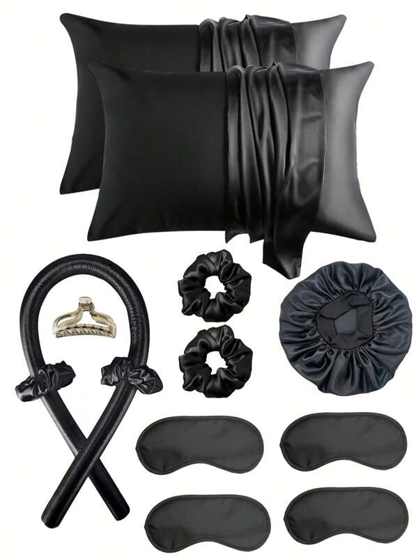 12 piezas Juego de herramientas para peinado para dormir, que incluye: 4 piezas Juego de rizado sin calor, 1 funda de almohada de satén para el cabello y la piel tamaño Queen, 1 gorro para dormir, 4 antifaces suaves para dormir, 2 scrunchies de satén, regalos, viajes, regalos para mujeres, artículos para el cabello, rellenos de calcetines