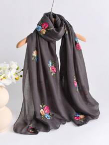 1pc Elegant Floral Embroidered Linen Scarf, Fashionable Versatile Hijab/Shawl For Women, Lightweight And Windproof For Outdoor, Daily Wear