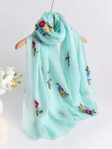 1pc Elegant Floral Embroidered Linen Scarf, Fashionable Versatile Hijab/Shawl For Women, Lightweight And Windproof For Outdoor, Daily Wear
