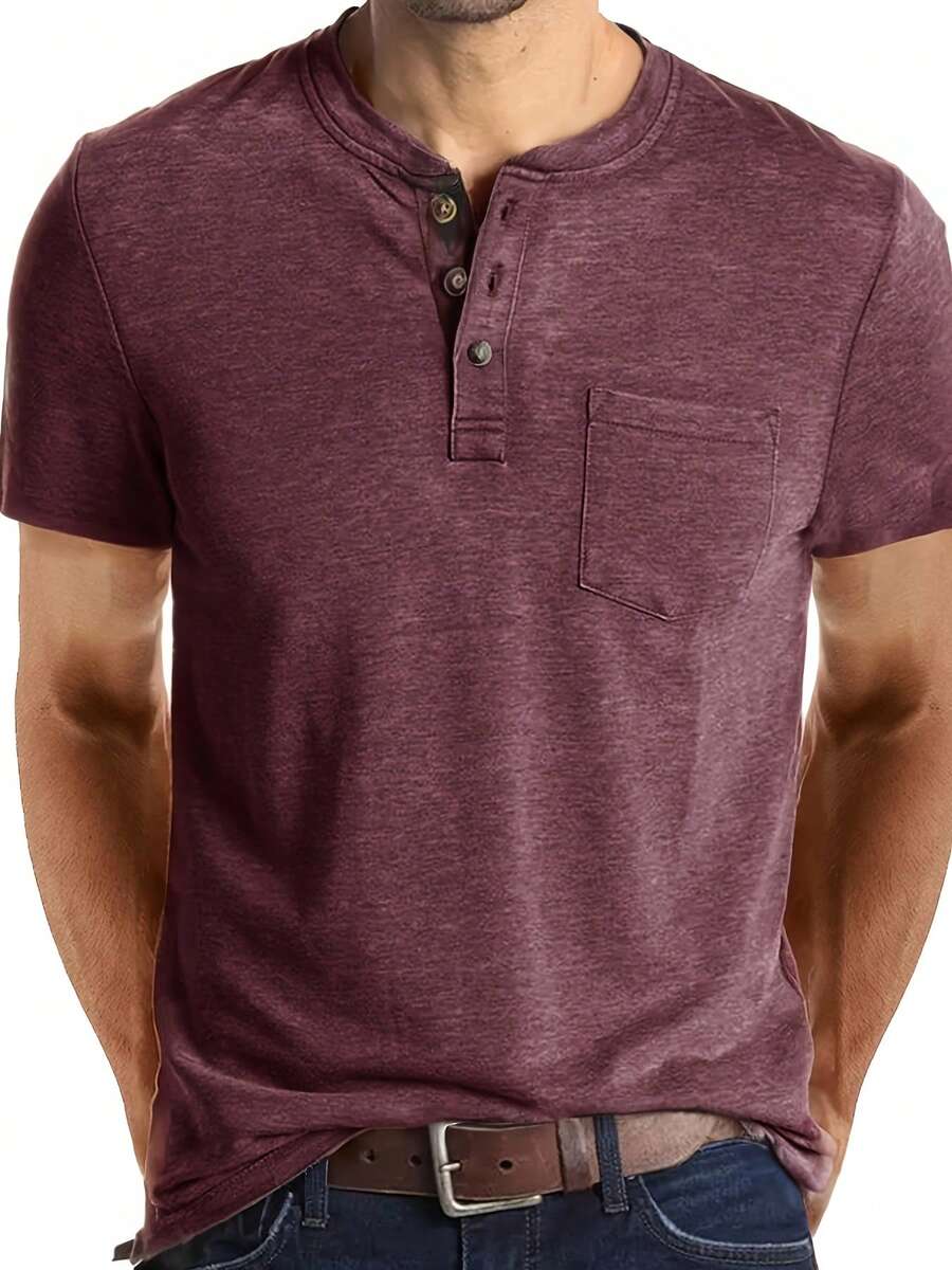 Plus Size Men's Short Sleeve Crew Neck Pocket Henley T-Shirt Tee