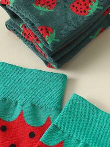 2 Pairs Random Strawberry Printed Creative & Fun Socks For Women, Comfortable & Versatile For Daily Wear - Multicolor - View 5