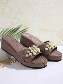 Women's Fashion Pearl Decor Wedge Slippers, Suitable For Wedding, Party, Vacation, Casual Wear, Thick Sole Sandals