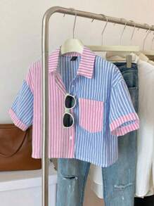 Women Patchwork Color Stripe Loose Casual Short Sleeve Shirt Blouse