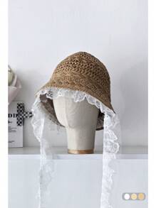1pc French Lace Brim Straw Hat, Elegant Solid Color Hollow Woven Sun Hat With Lace Ribbons, For Beach, Outdoor, Picnic, Summer