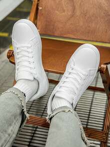 Couple Shoes Size 36-45 White Women Casual Shoes Men Sports Shoes, Lace-Up Soft Sole Flat Comfortable Men Shoes, Lightweight Low-Top Everyday Sneakers - White - View 2