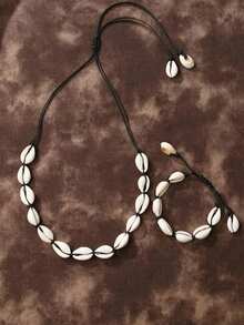 1 Set Original Design Shells Necklace Bracelet Natural Seashells Knit Chain Rope Girl Choker Bracelets Jewelry Gift Adjustable - Black - View 3