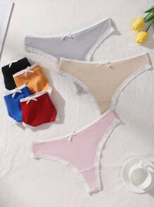 Set de 7 piezas/paquete de bragas tipo tanga con acentos de moño y textura acanalada para mujer, suaves y cómodas, de colores contrastantes, adecuadas para todas las estaciones